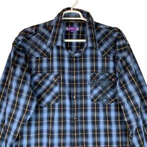 Empra Mens 3XL Plaid Western Shirt Cross Angel Wings Detail Diamond Snaps